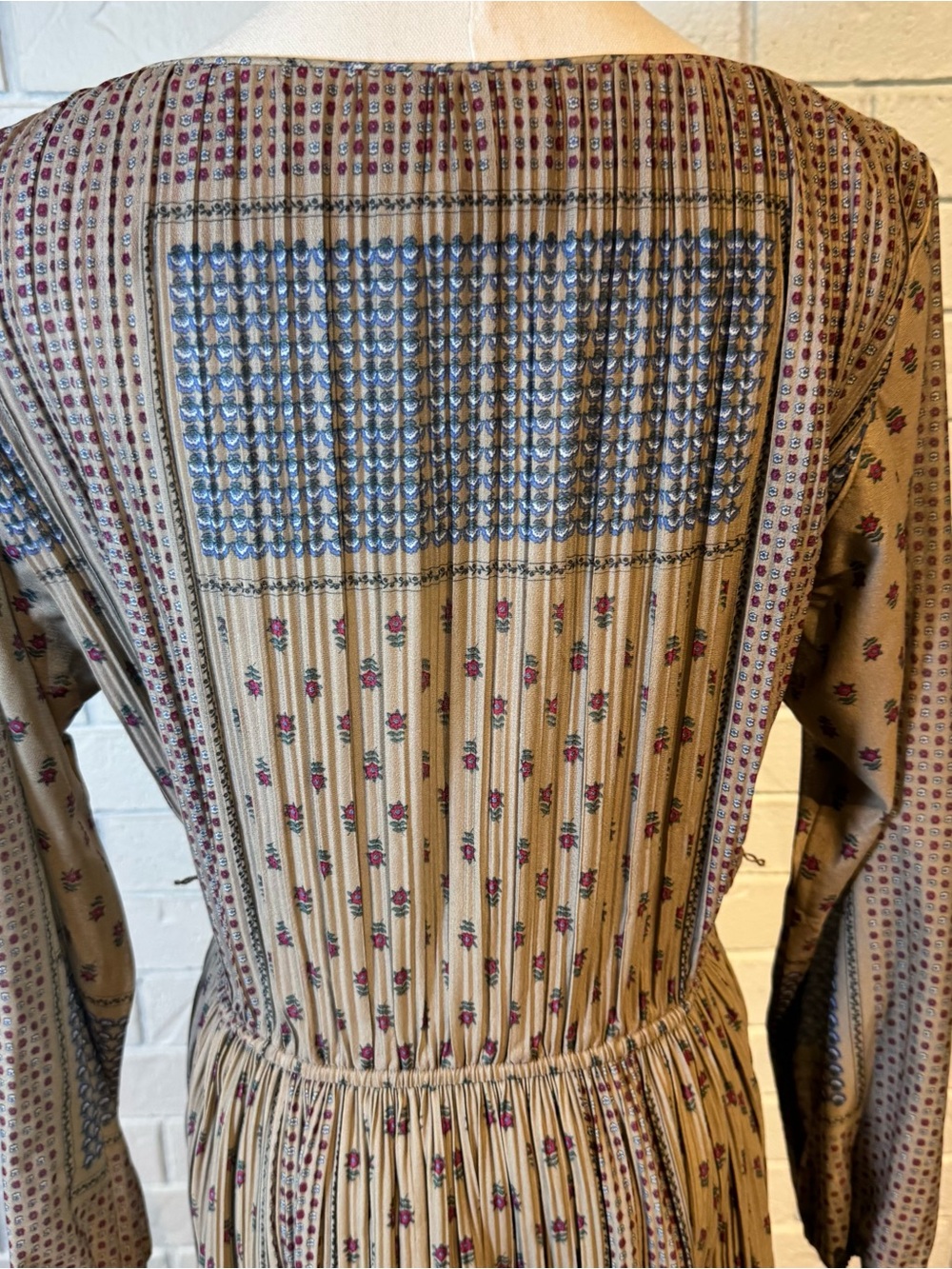 Vintage 70s 80s Liz Roberts Long Sleeve Midi Dress Taupe Floral Womens M - Picture 6 of 12